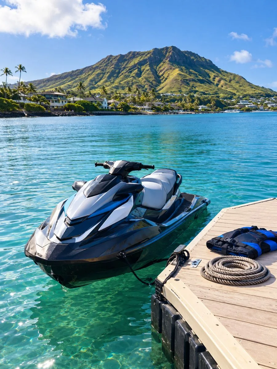 A jet ski at rest beside a floating dock in Maunalua Bay with Koko Head behind it in morning light